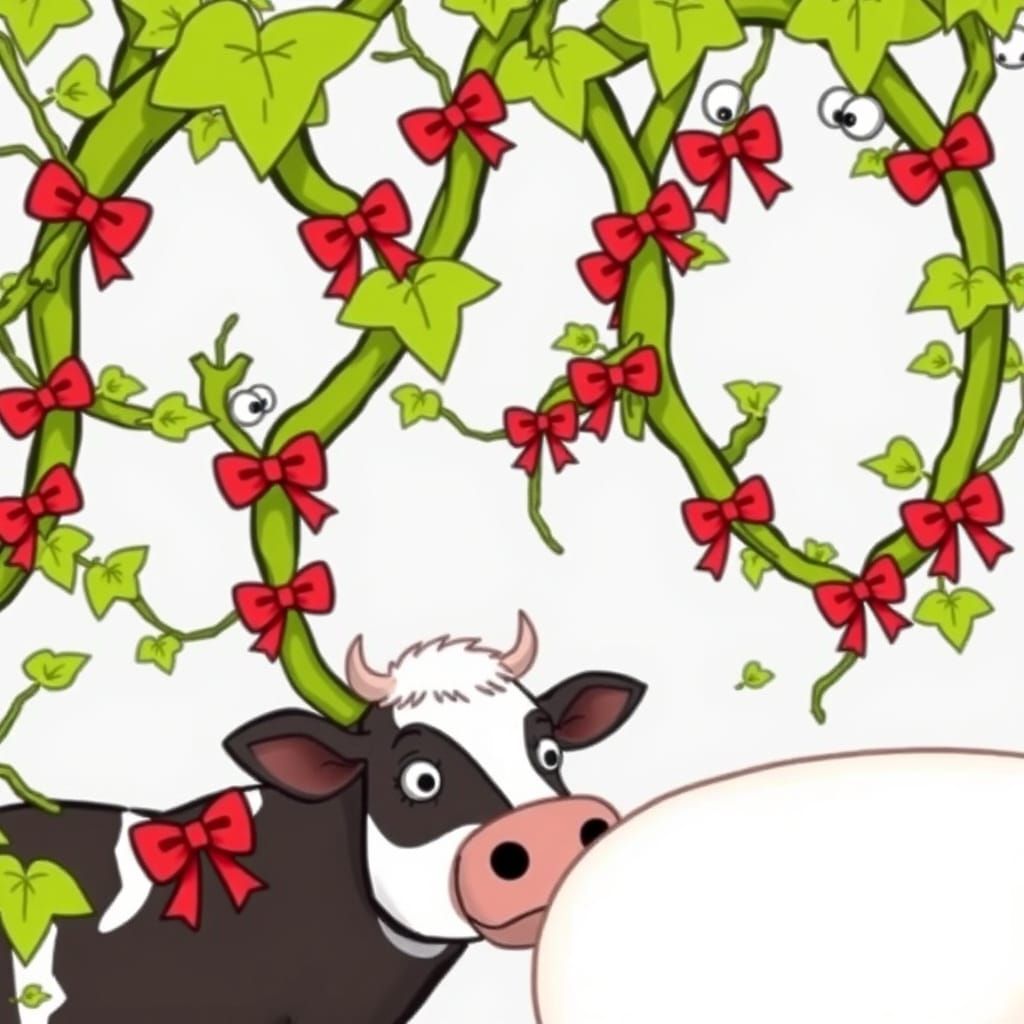 Whimsical Vines with Red Bows Look Down on a Cow
