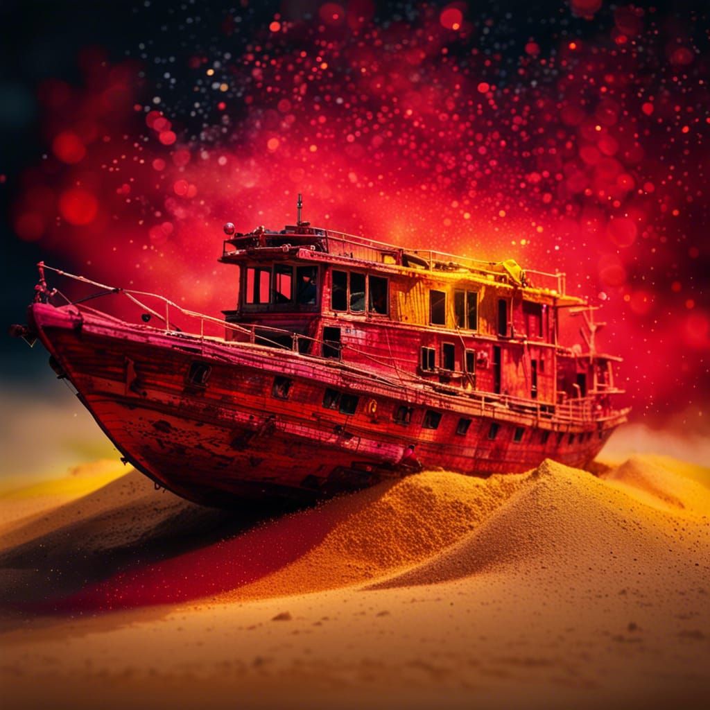 Futuristic Sand Boat Flies in Night Sandstorm