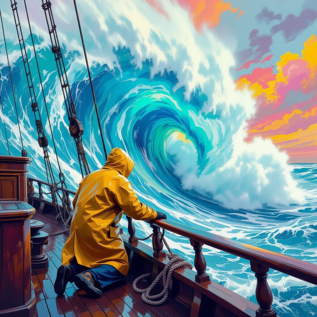 Sailor Battles Colossal Wave in Psychedelic Style