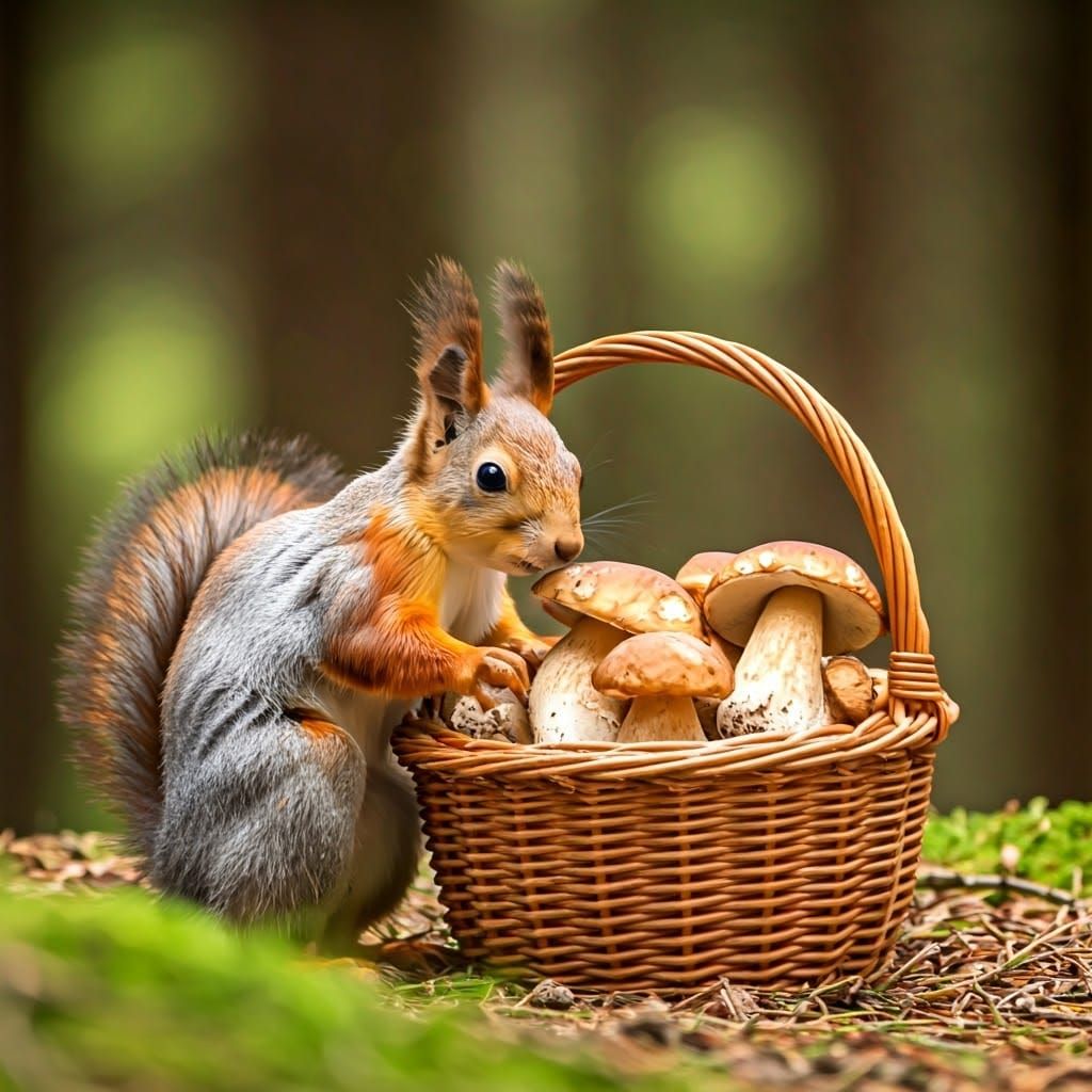 Squirrel Collecting Mushrooms in Forest, Professional Photog...