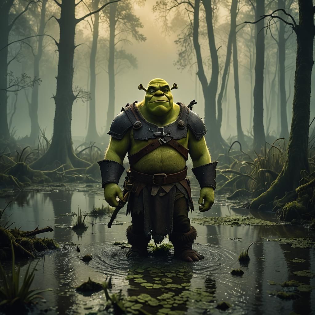 Gaunt Shrek in Misty Swamp: Cinematic Film Still
