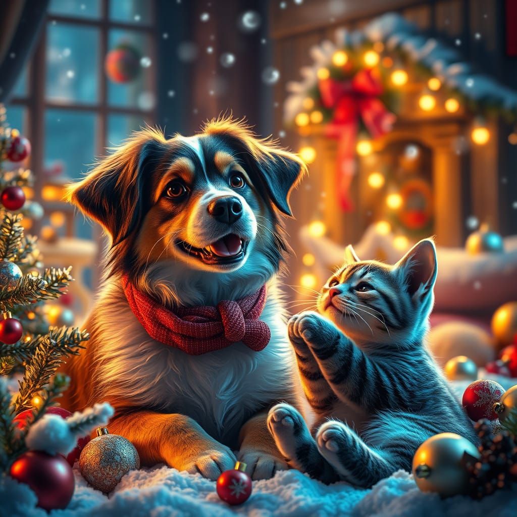 Vibrant Christmas Celebration with Dog and Cat in Whimsical ...