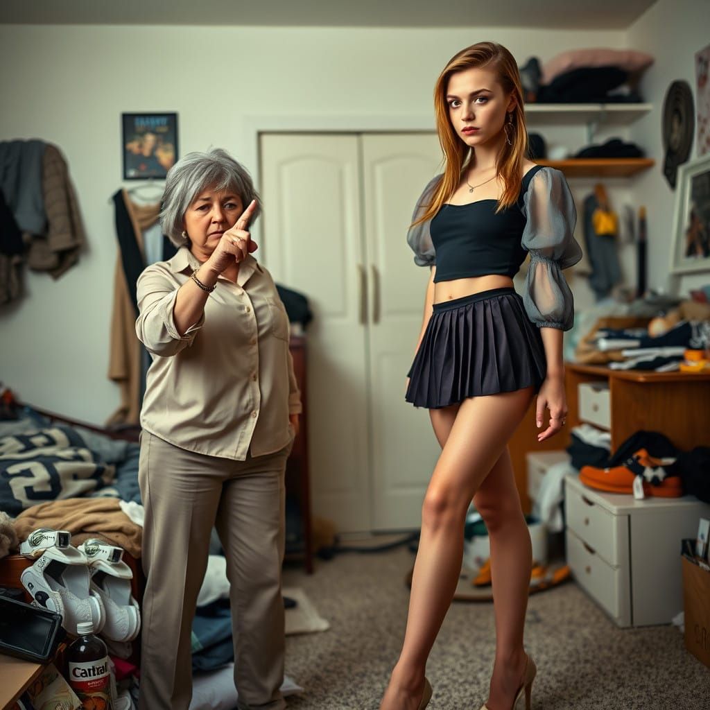 Middle-Aged Woman Confronts Androgynous Youth in Cluttered B...