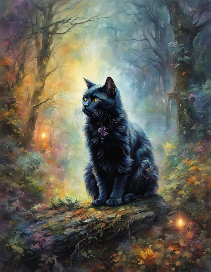 Ethereal Black Cat in Misty Forest Impasto Painting