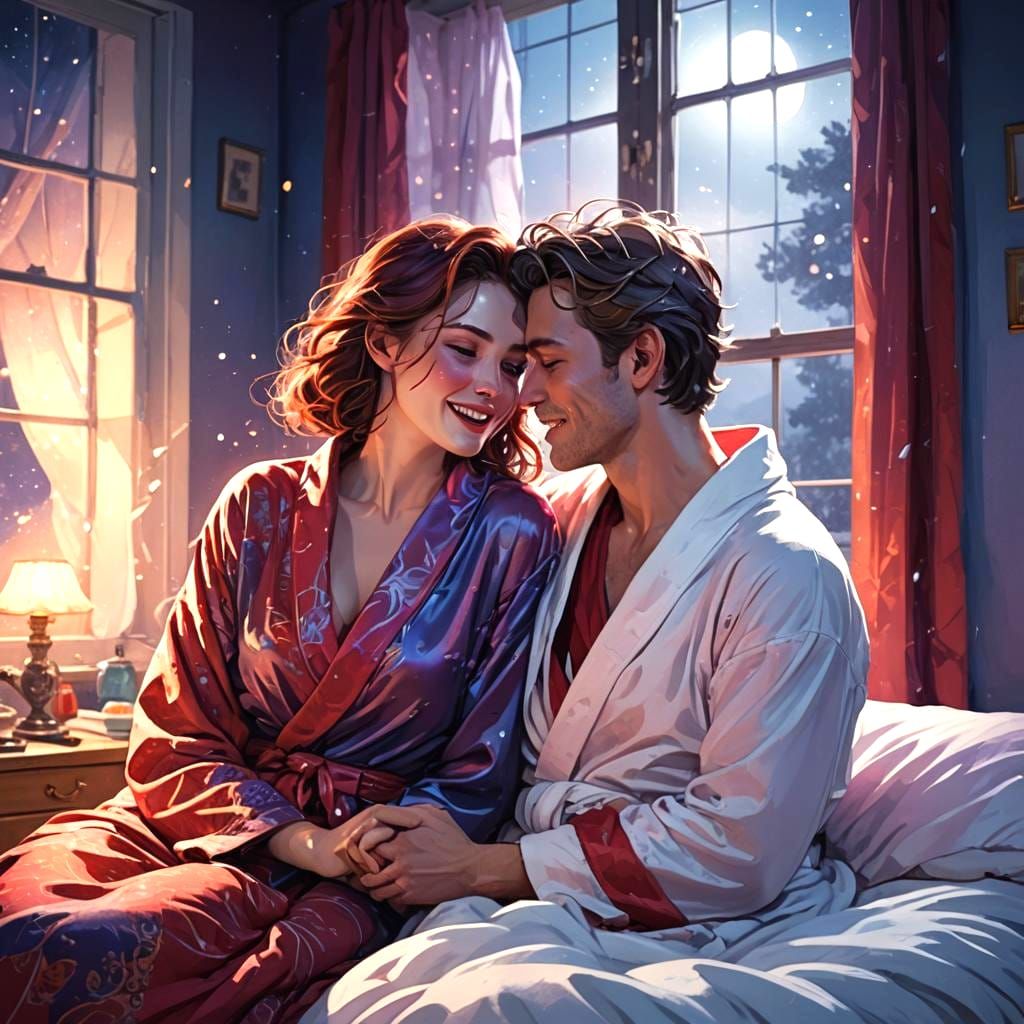 Playful Couple in Bed Under Moonlight: Matte Painting