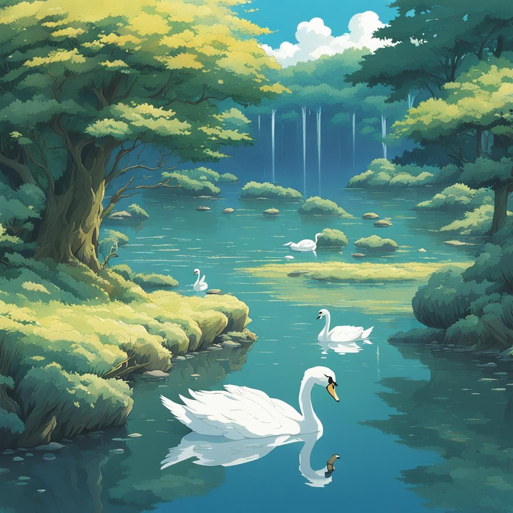 Swans and Wolves in Studio Ghibli Anime Style