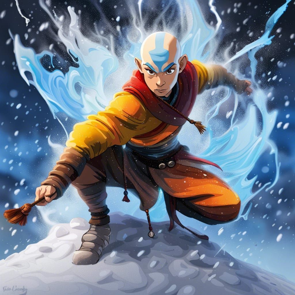 Hyperrealistic Aang in a Snowy Landscape