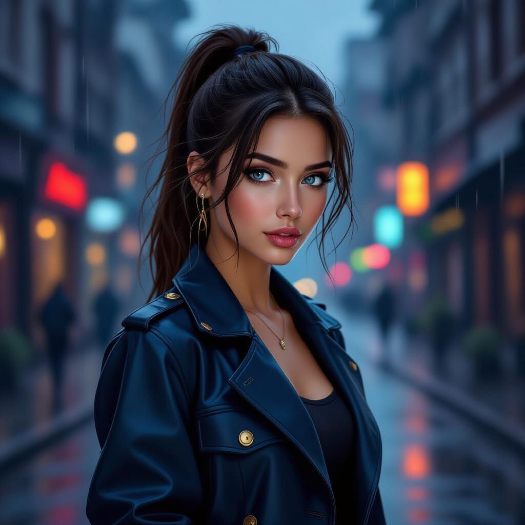 Cyberpunk Portrait of Girl in Rainy City