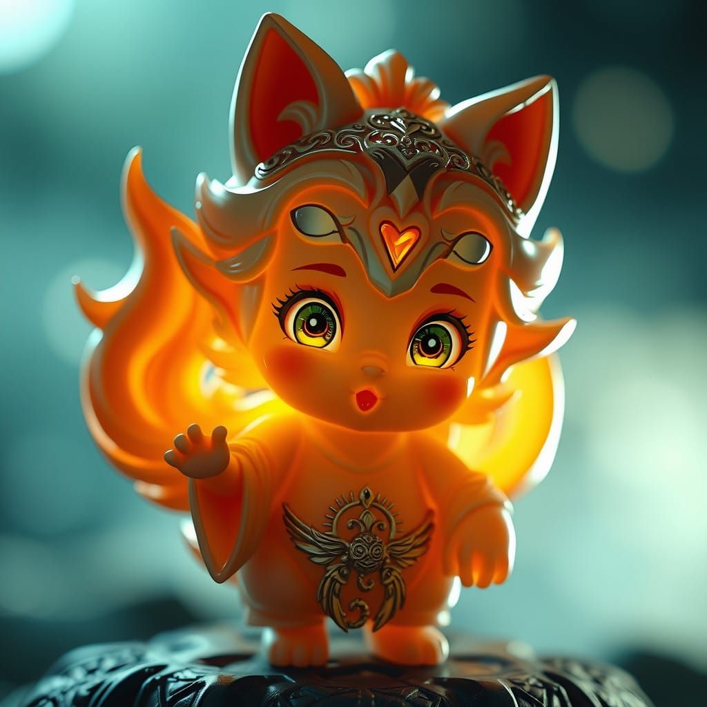 Chibi Anime Child God with Wolf Features and 3D Egg-Like Dec...