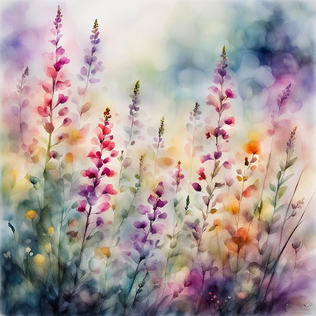 Roadside Spring Flowers in Watercolor with Misty Bokeh