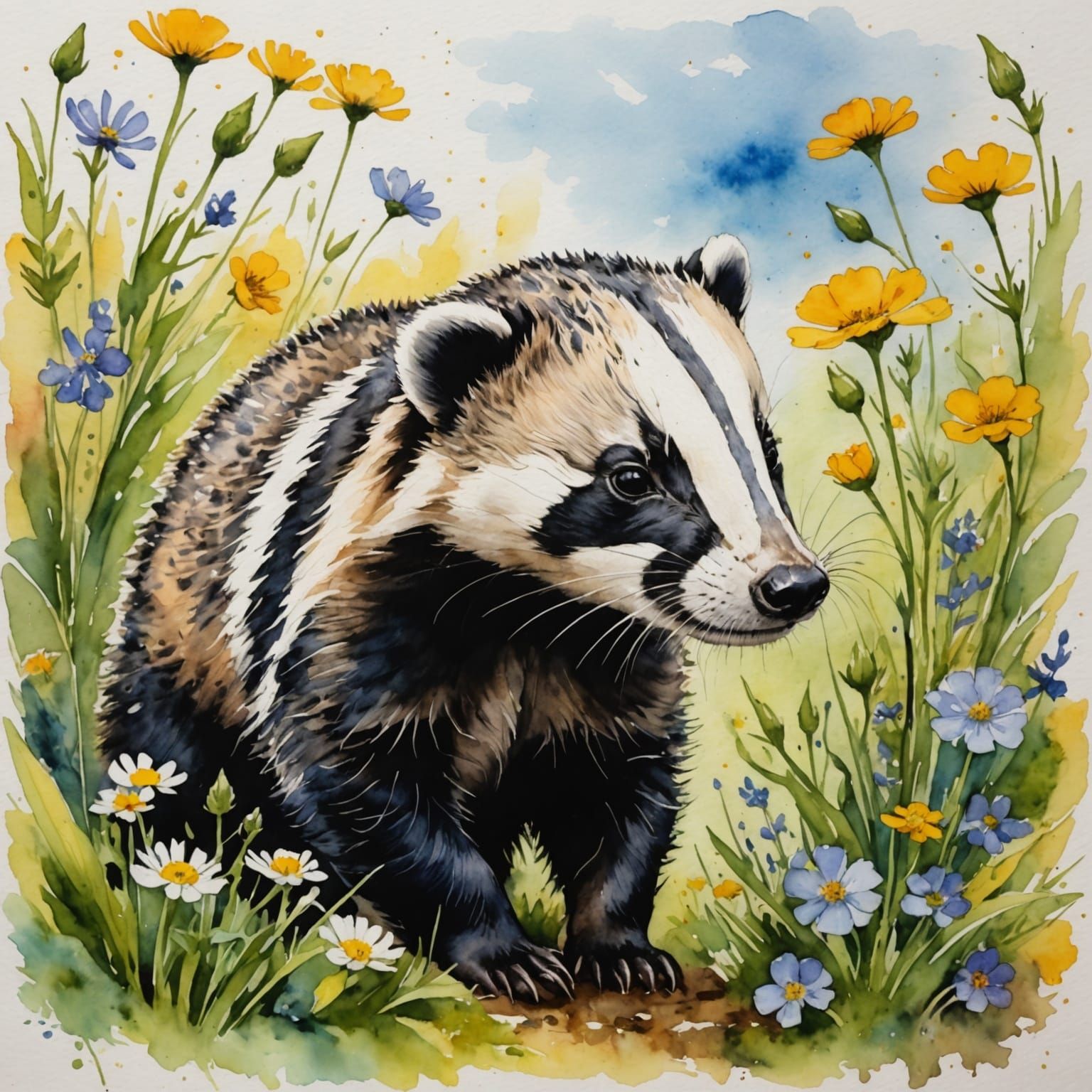 Baby Badger Sniffing Flowers in Watercolor and Ink