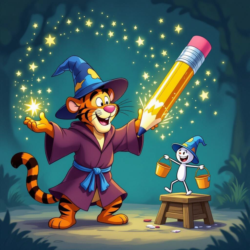 Tigger as Sorcerer Conjures Magic Pencil Spell