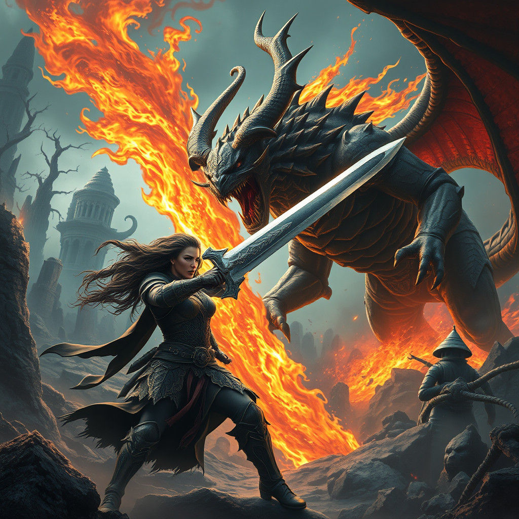 Kassandra Battles Balrog in Mystical Landscape