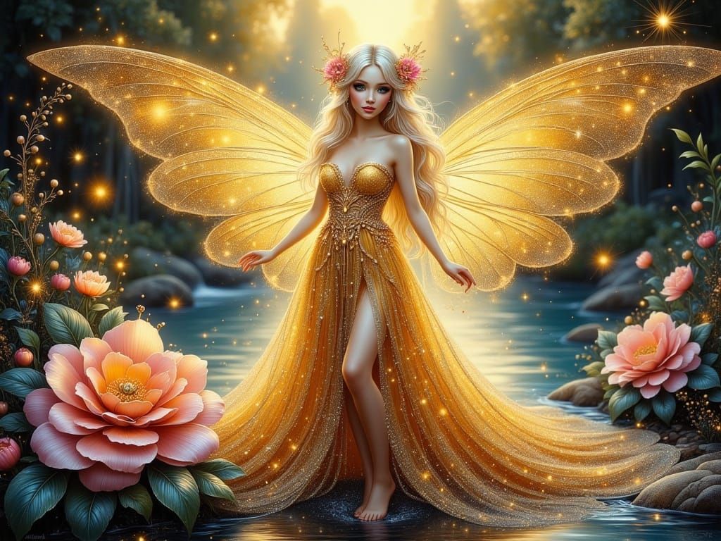 Glittering Golden Dragon Fairy with Flowing Gown