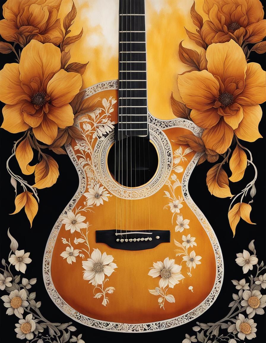 Stenciled Amber Guitar with Floral Double Exposure