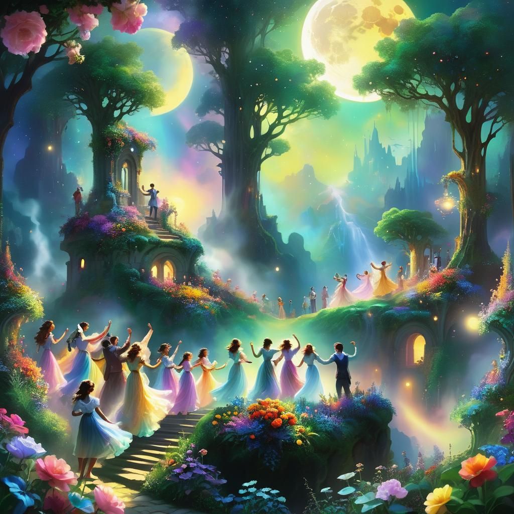 Cosmic Surrealism: Lunar Dance in Ethereal Landscape