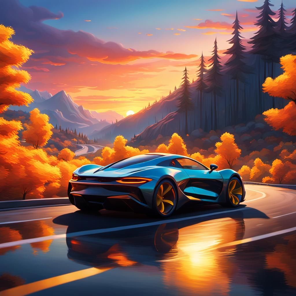 Daffy Duck Drives a Sportscar at Sunset