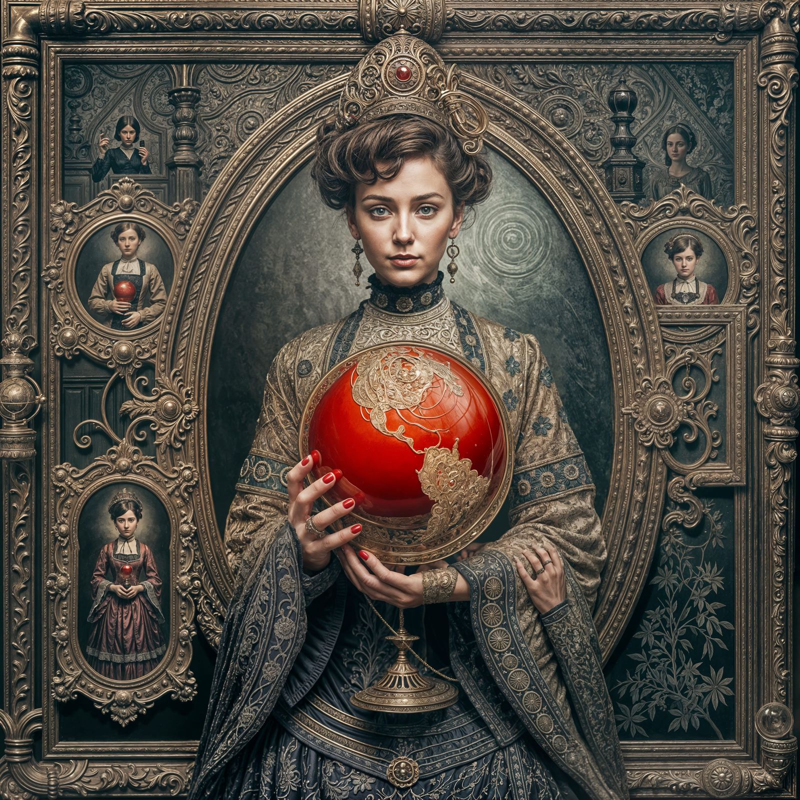 Victorian Woman Holds Shiny Globe in Endless Depth
