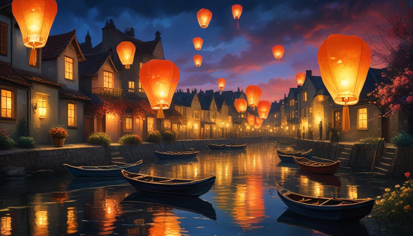 Dreamy Watercolor Townscape at Sunset with Sky Lanterns