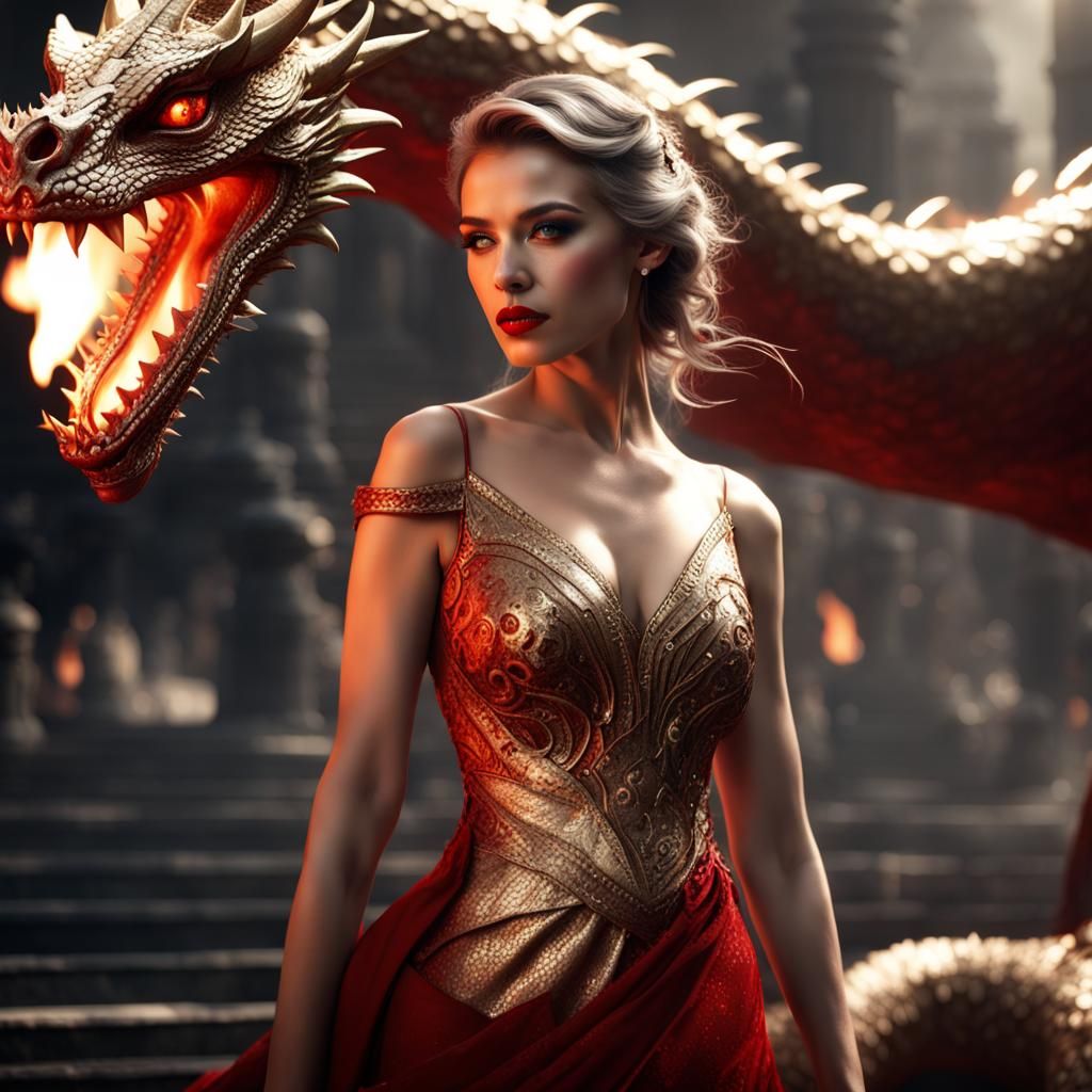 Woman Holds Back Dragon Flame in Detailed Matte Painting