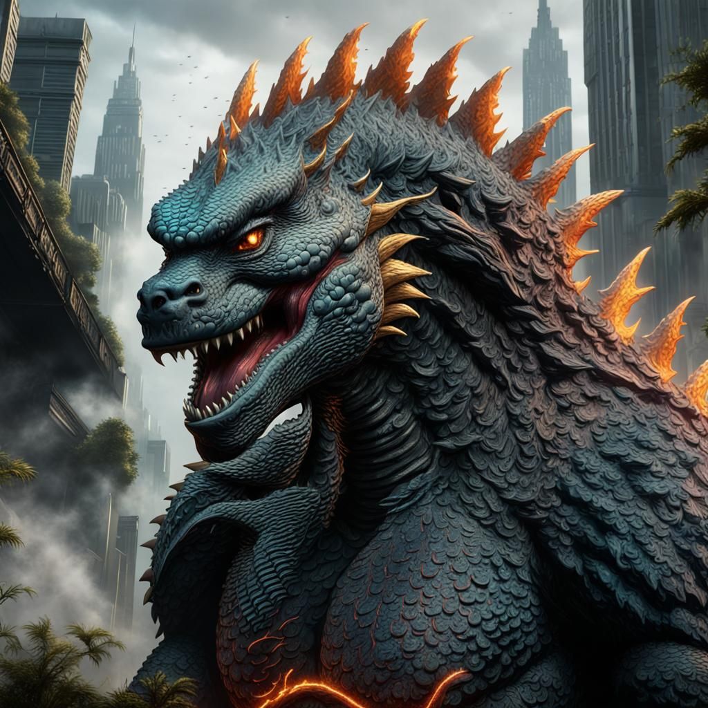 Female Godzilla in Detailed Matte Painting Style