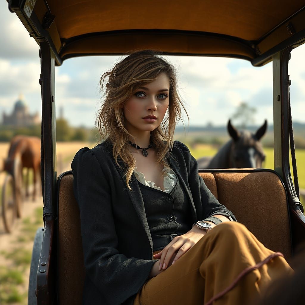 Woman in Carriage Through English Countryside