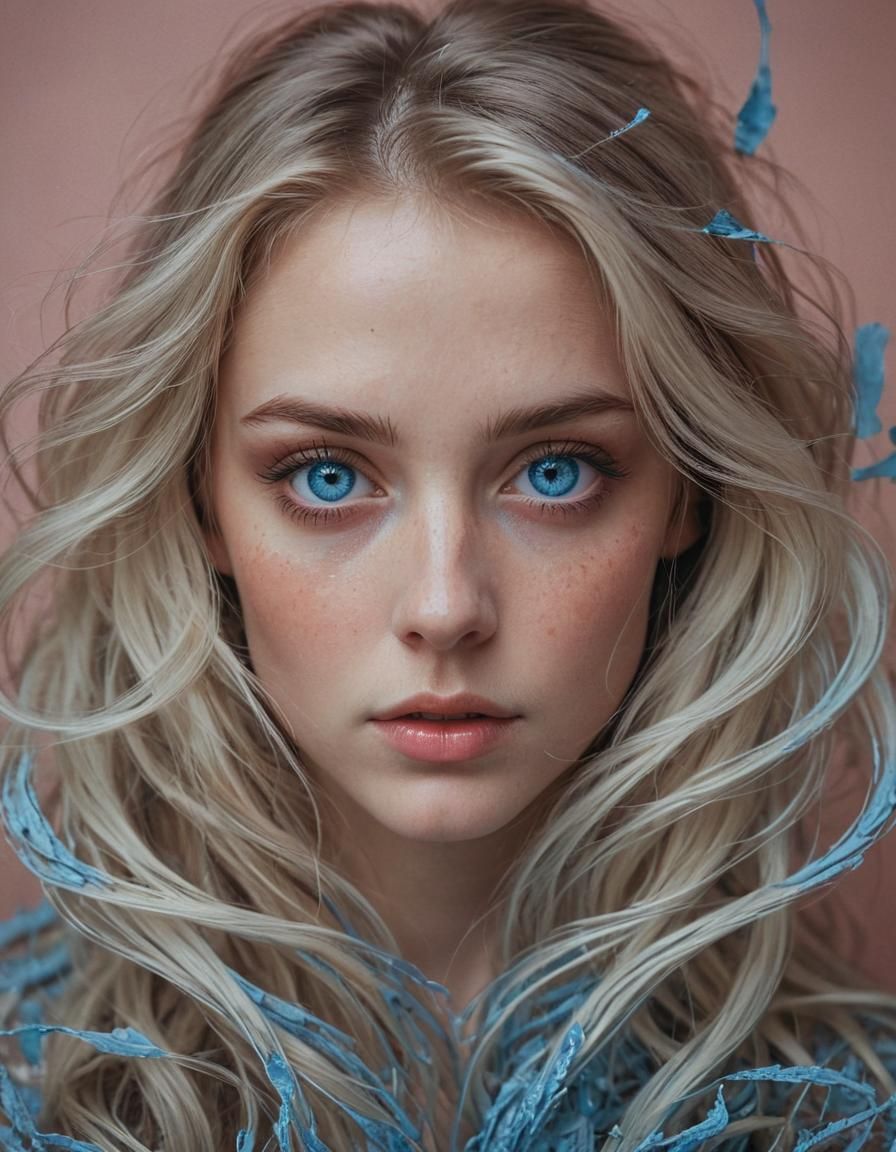 Enchanting Woman Portrait with Symmetrical Blue Eyes