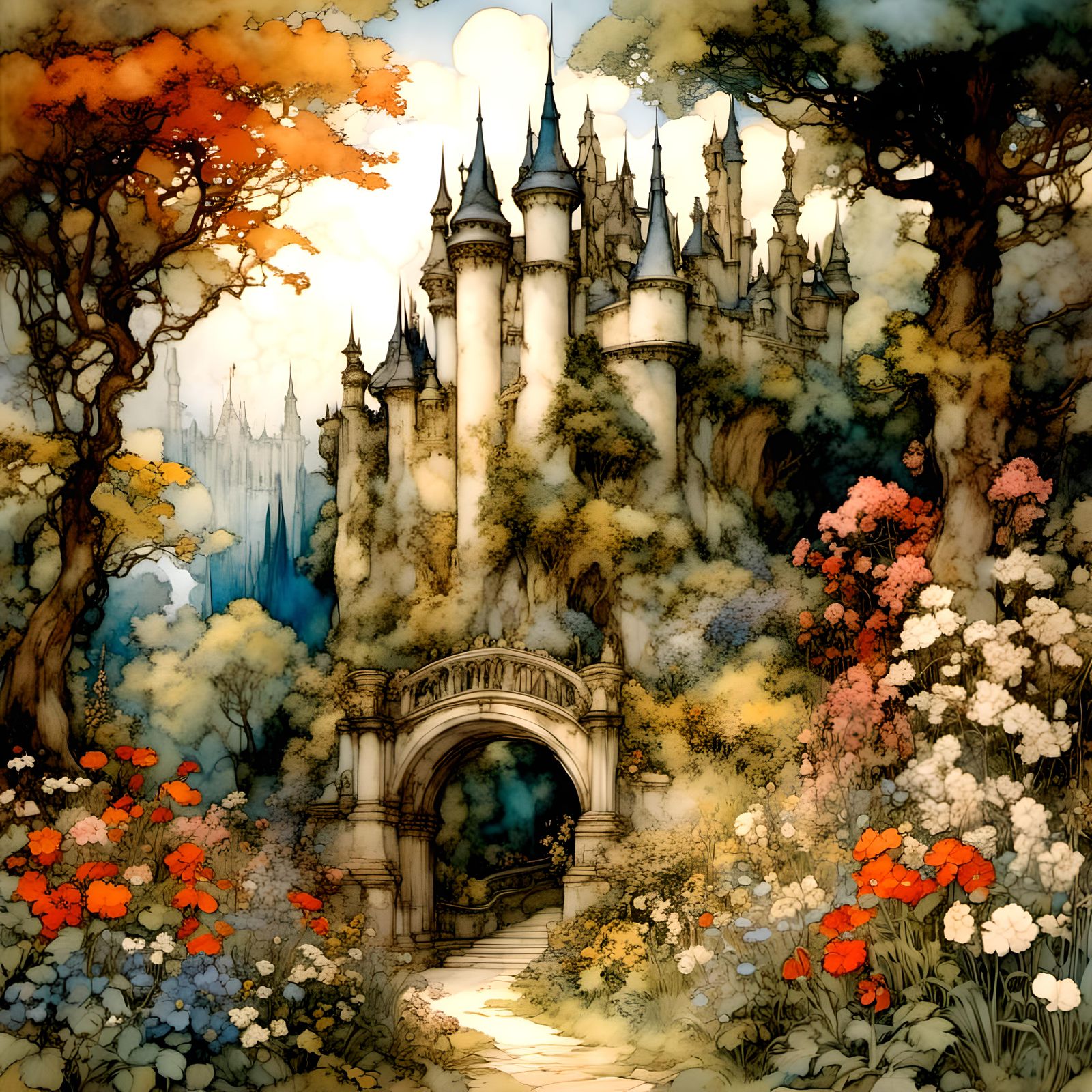 <lora:SIS-FairyLora3b:1.0>  Fairy castle made of curved glas...