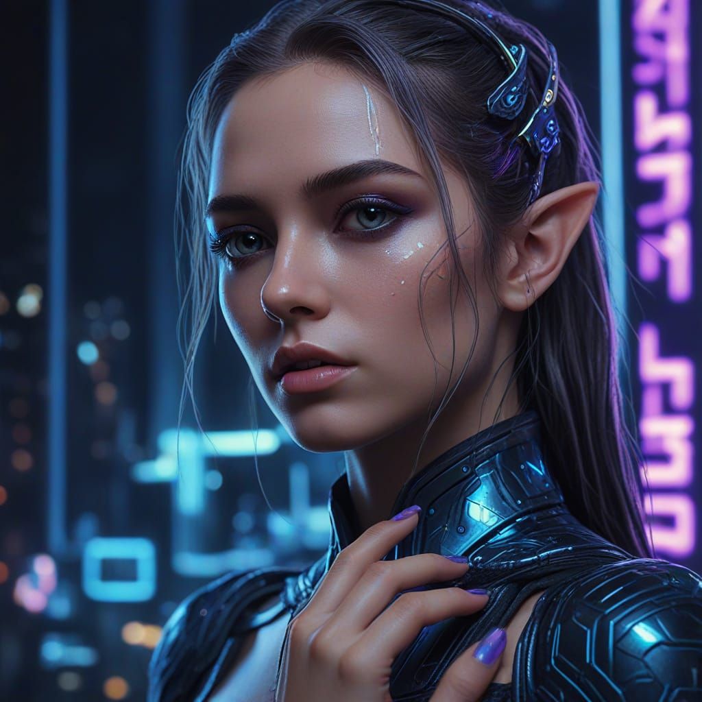 Cyberpunk Elf Girl Stares at Holographic Screen