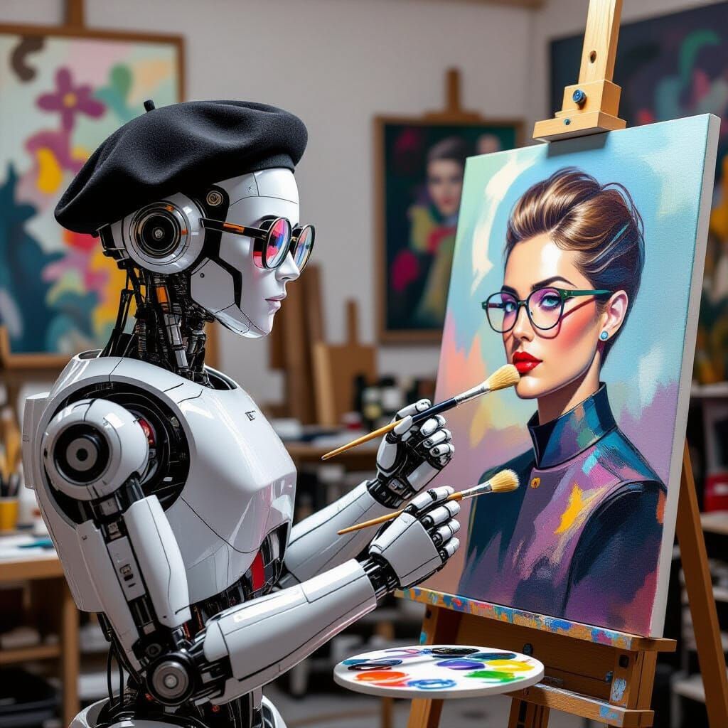 Robot Artist Paints Human Portrait in Sci-Fi Style