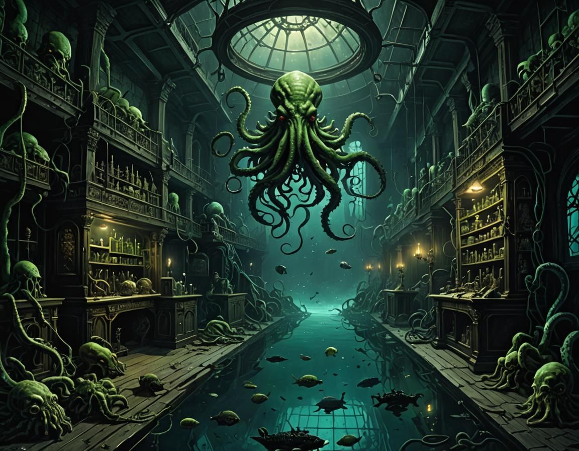 Underwater Laboratory with Cthulhu in Dark Horror Style
