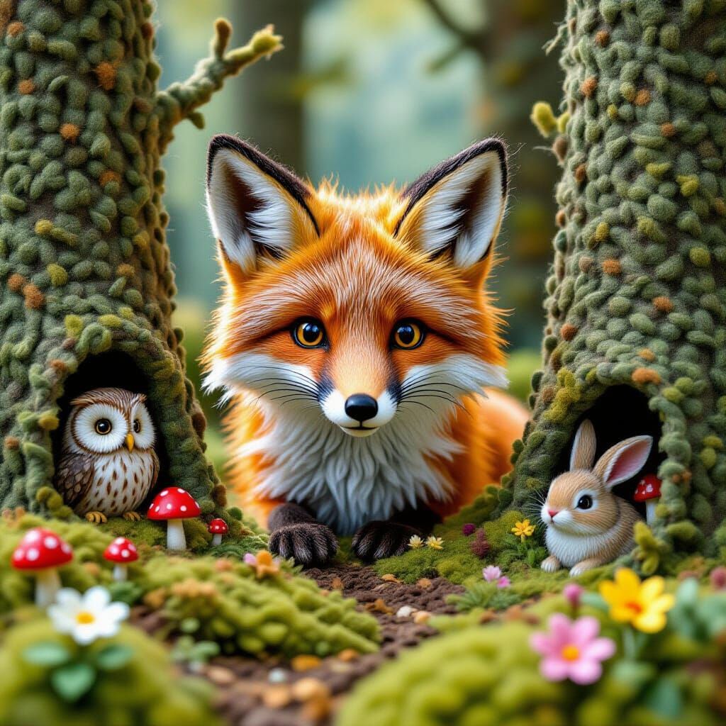 Felted Forest Fox in Hyperrealistic Splash Art Style