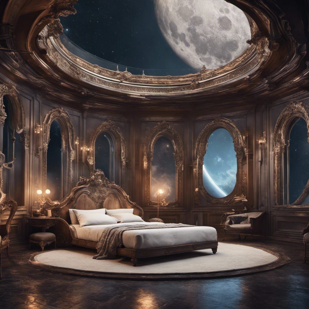Glass Dome Bed on the Moon in Detailed Matte Painting