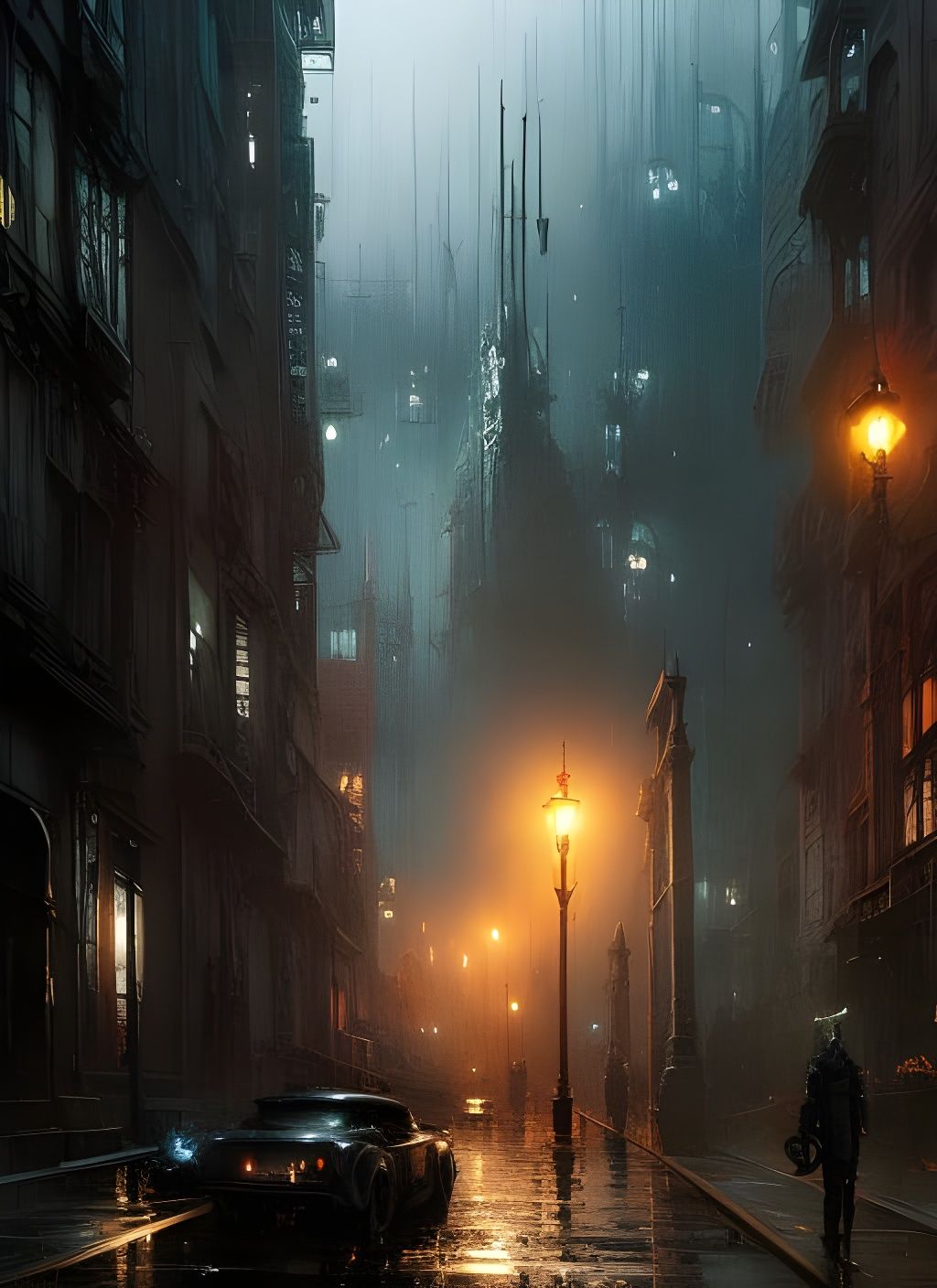 Dark Rainy Cityscape in Gritty Watercolor Style