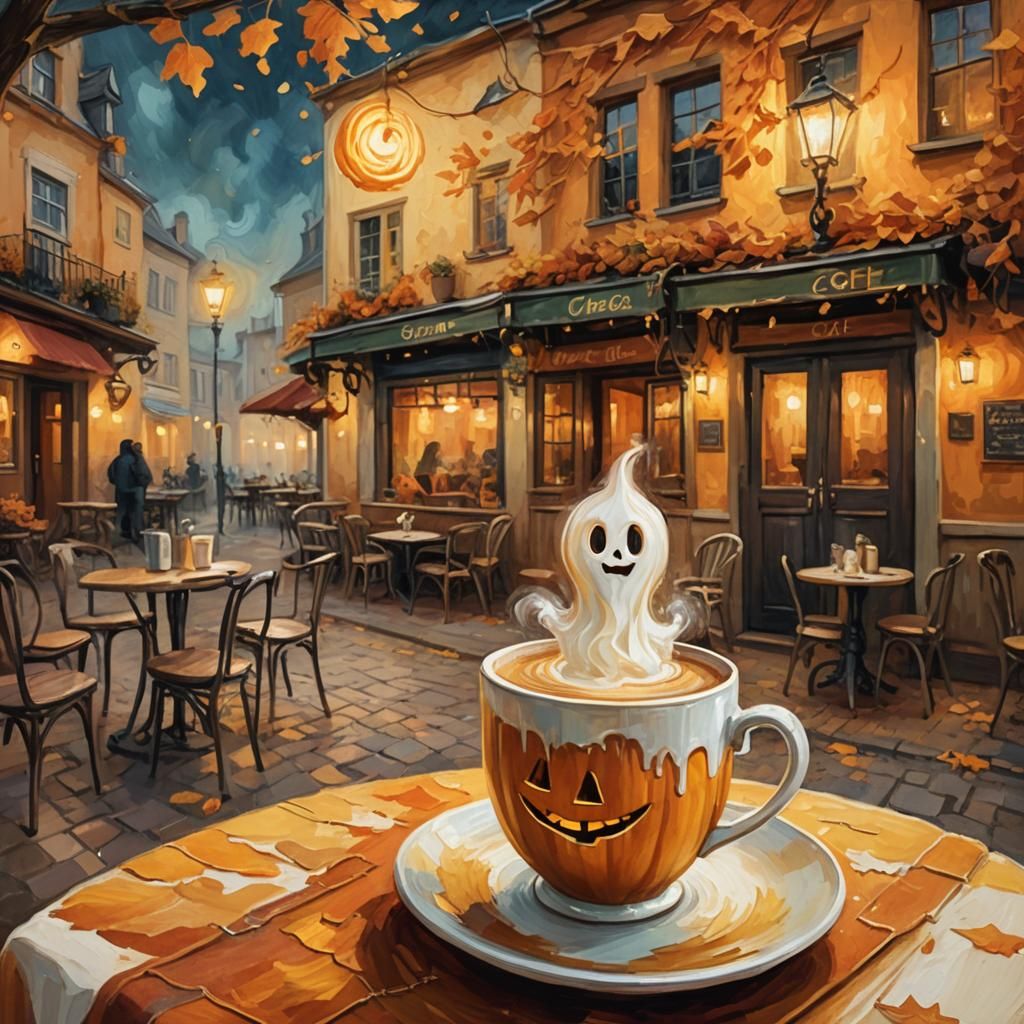 Whimsical Ghost in Cafe: Van Gogh Style Oil Painting