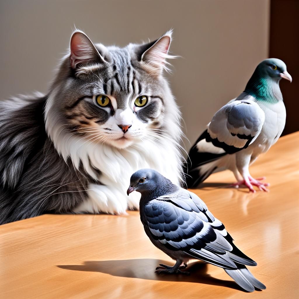 Surreal Cat with Pigeon Head on Table