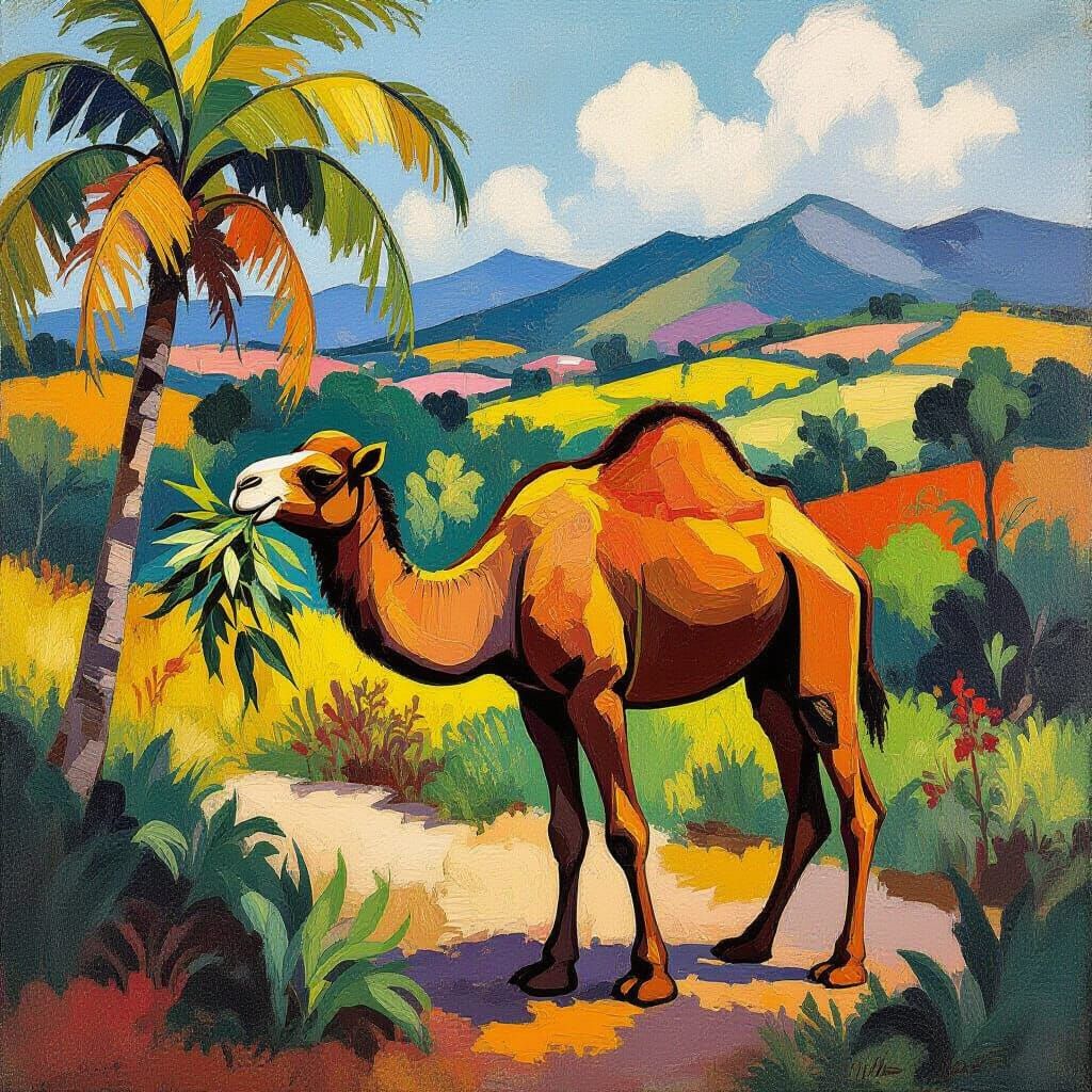 Camel Eats Foliage in Vibrant Exotic Landscape Painting