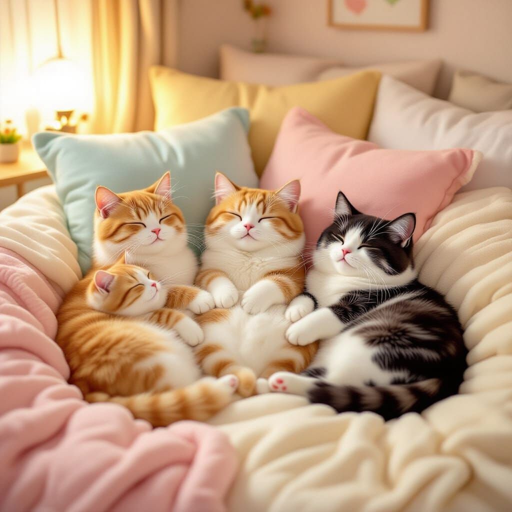 Cozy Cats Lounging on Plush Bed