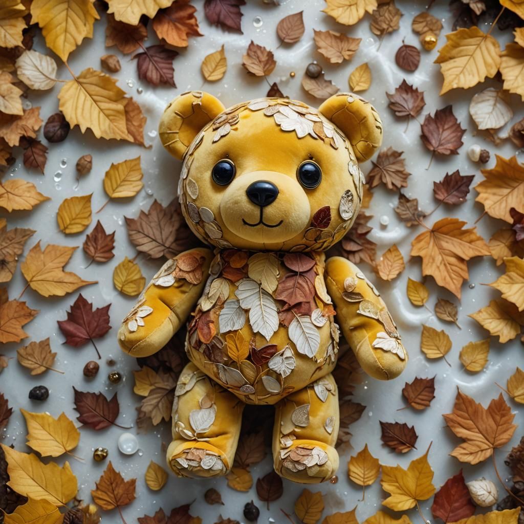 Surreal Teddy Bear in Cosmic Autumn Dreamscape