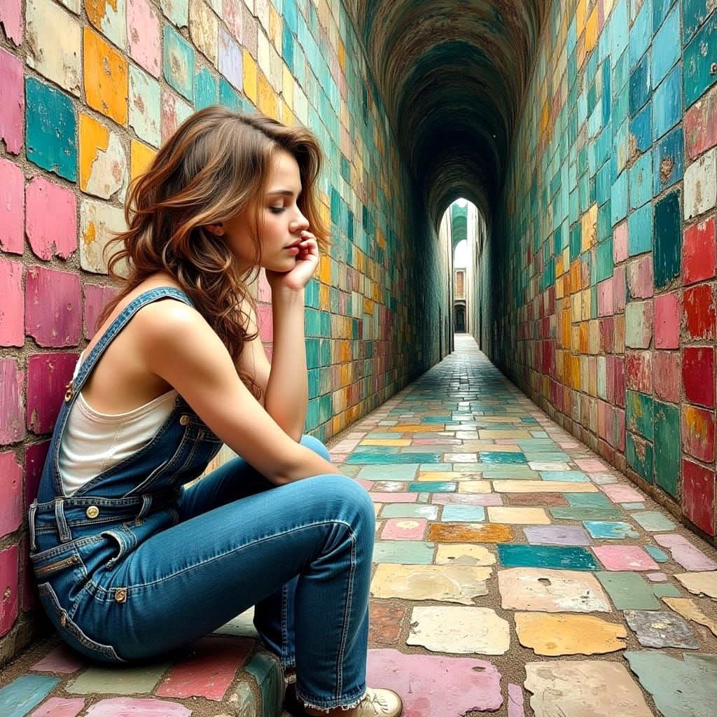 Woman in Overalls: Impasto Dreamscape Oil Painting