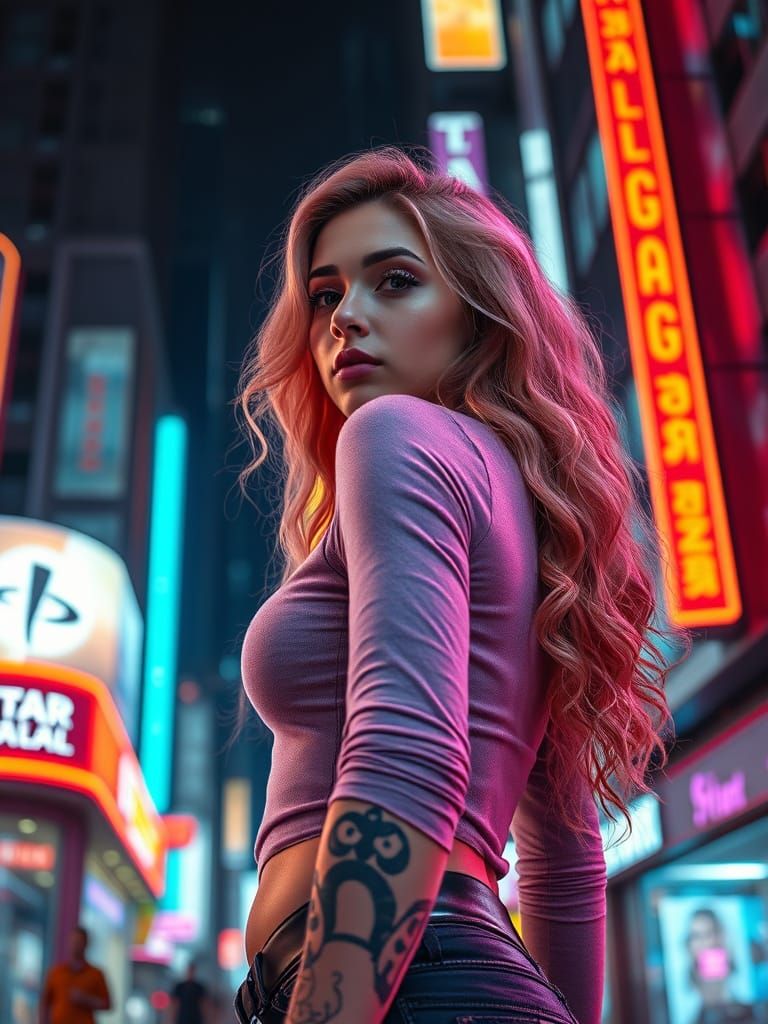 Cyberpunk Girl in Neon City Streets