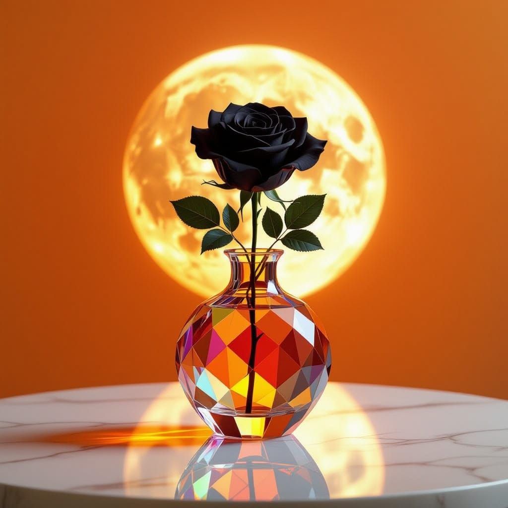 Crystal Vase with Black Rose on Marble Table in Surreal Styl...