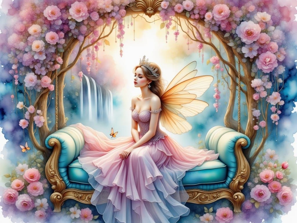 Ethereal Fairy on a Vintage Swing in a Whimsical Garden