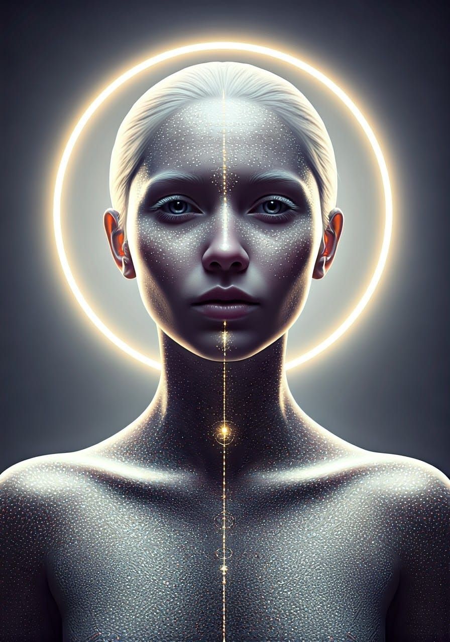 Albino Glass Model with Sacred Geometry and Neon Halo