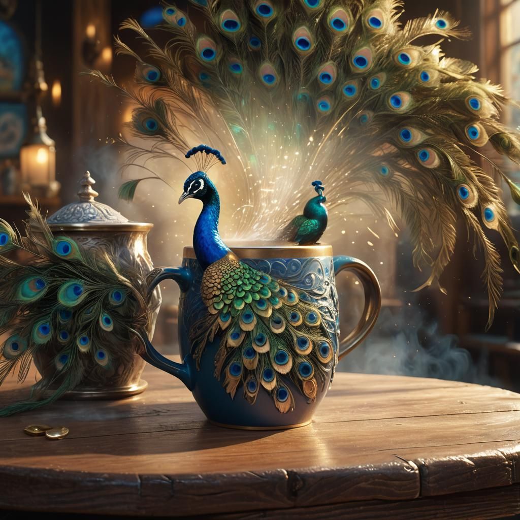 Peacock Perched on Coffee Mug: Matte Painting