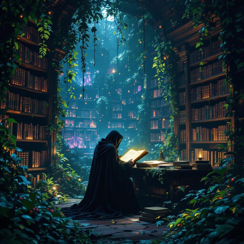 Mystical Jungle Library Scene in Dark Fantasy Style