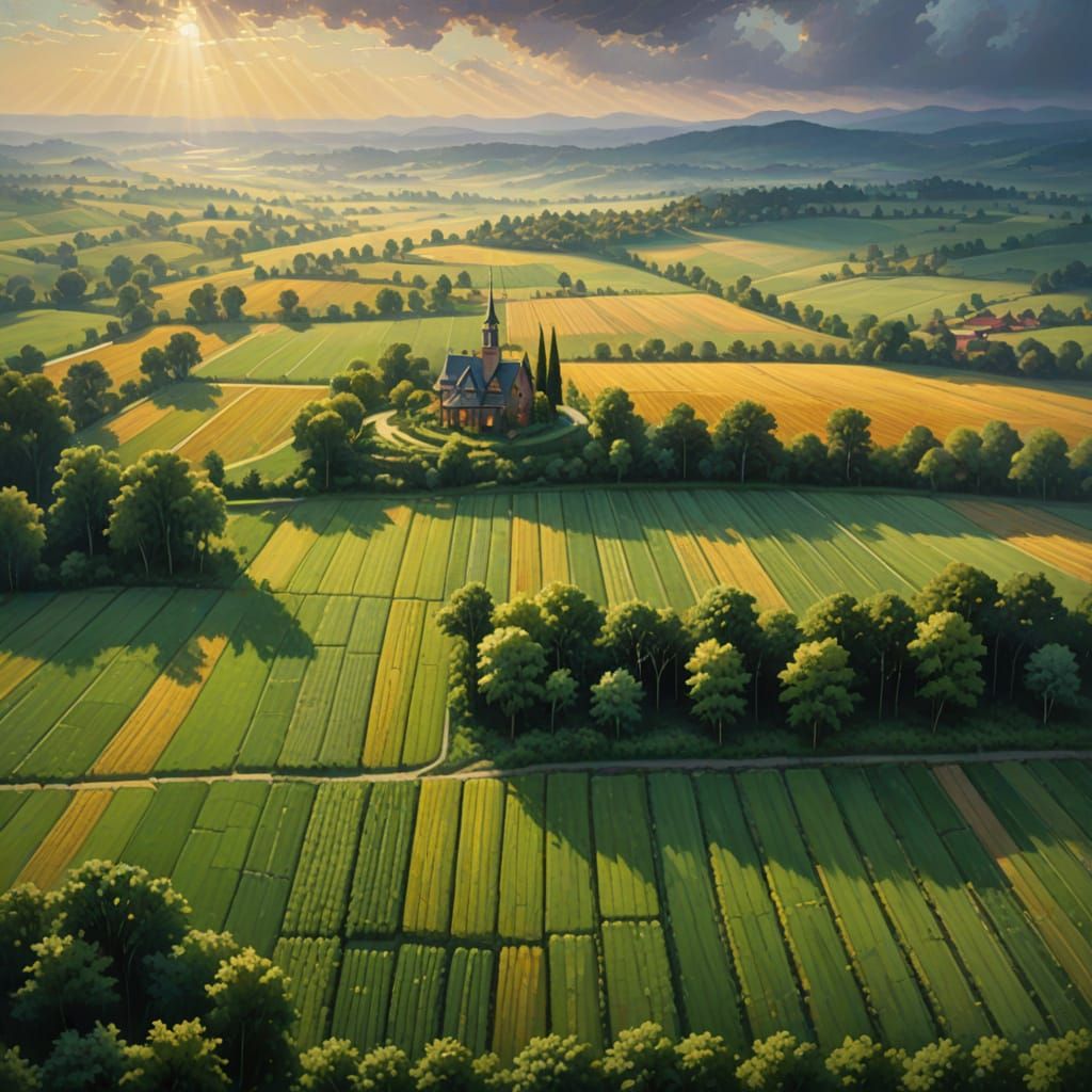 Surreal Landscape of Golden Corn Fields and Rolling Hills