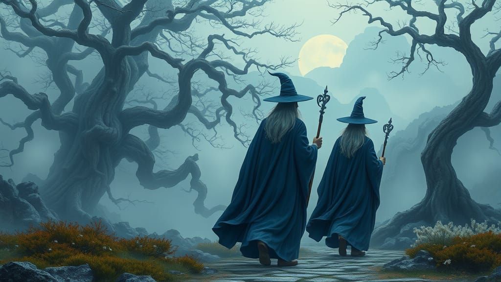 Mystical Blue Wizards Wander Eastern Landscape