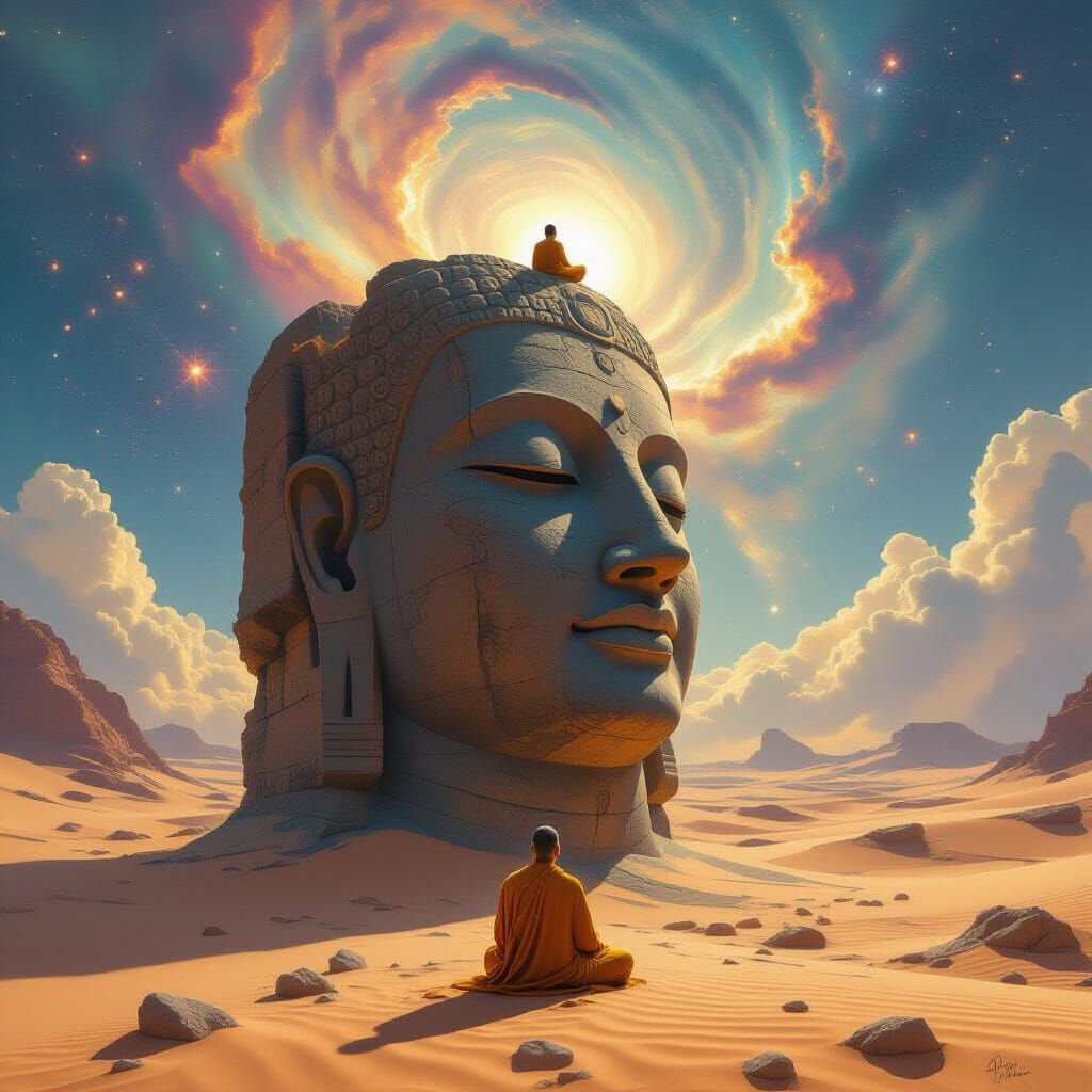 Monk Meditating on Ancient Head in Cosmic Desert