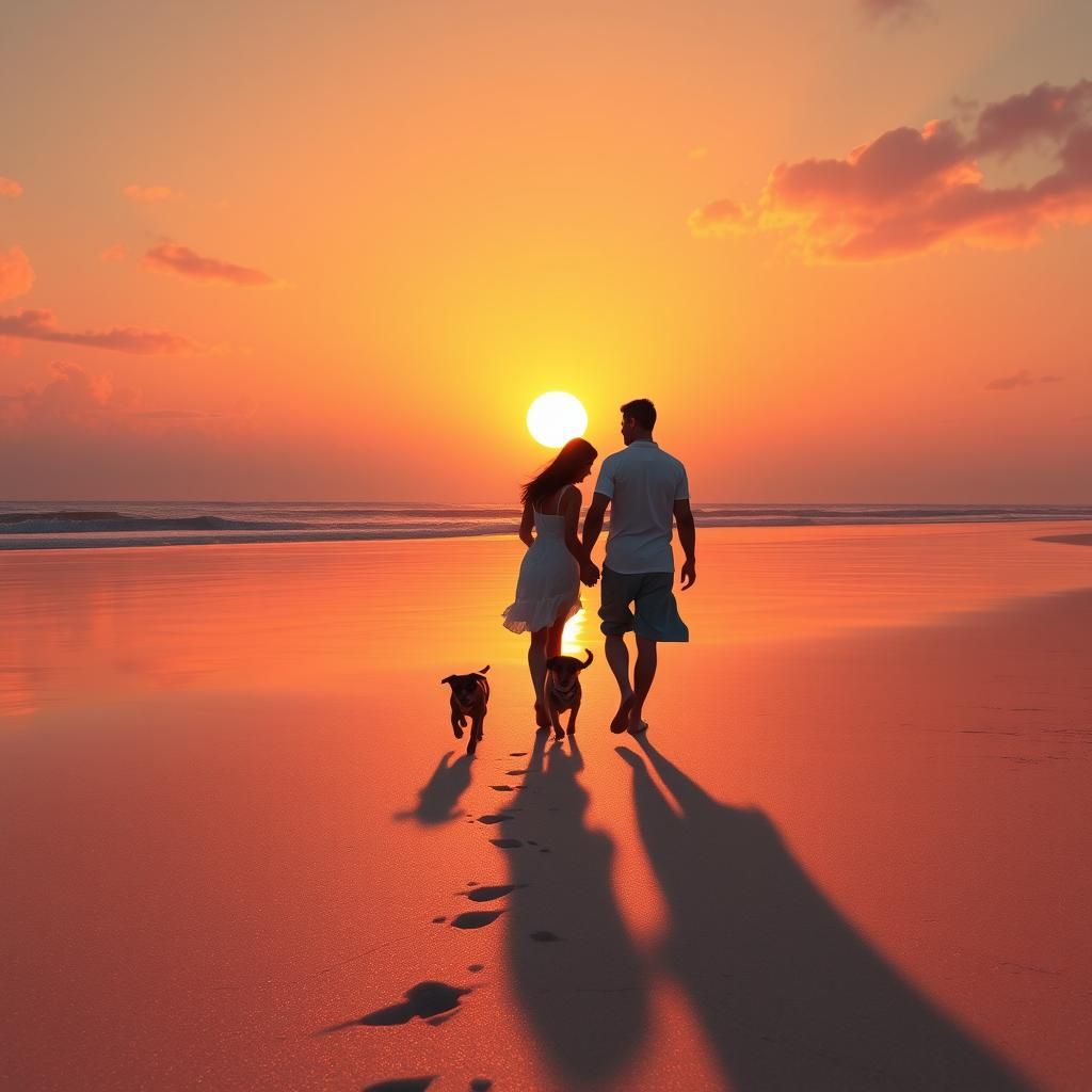 Sunset Beach Stroll: Couple and Puppy in Pixar Style
